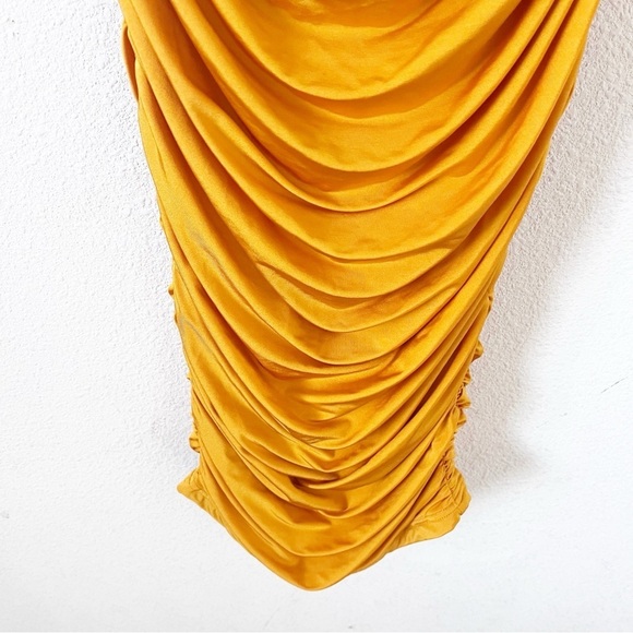 Elle Zeitoune Naira Ruched Off Shoulder Formal in Marigold Gold Midi Dress - Picture 4 of 10